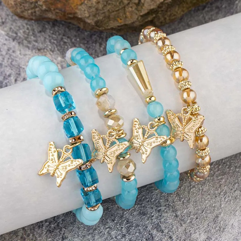 Ensemble de bracelets en perles papillon pour femmes, 4 pièces, tendance, perles acryliques roses, chaîne élastique, bohème, bijoux de fête, cadeau