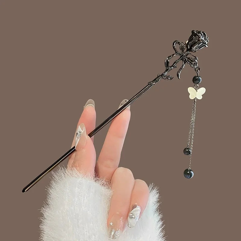 Épingle à cheveux à franges en métal pour femmes, anciers de cheveux moderne, fleur d'encre, pompon, fourcommuniste, perles noires, fermoir à cheveux, nouveaux bijoux de cheveux chinois Hanfu