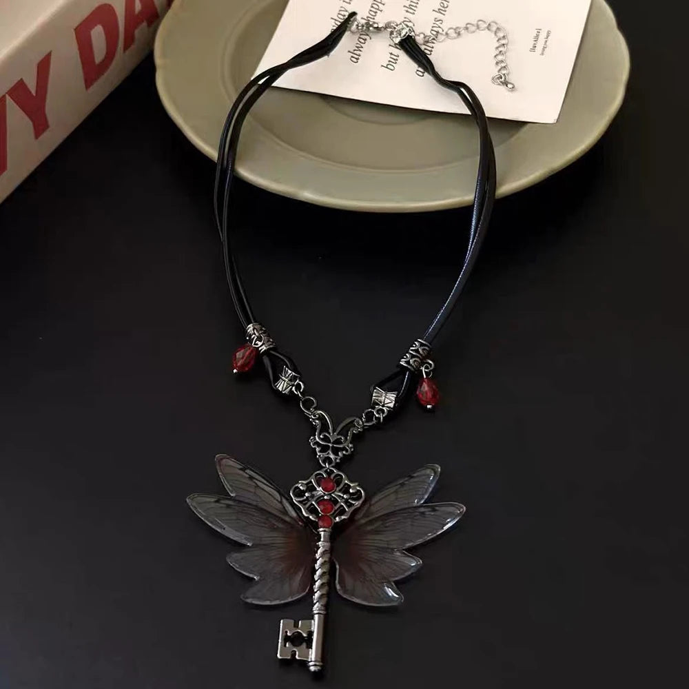 Collier libellule pendentif clé, chaîne en cuir, corde ras du cou, Hip Hop, Zircon, bijoux, accessoires d'halloween