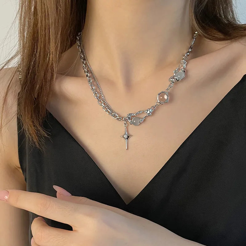 Kpop – collier étoile brillante pour femmes, pendentif croix en cristal Zircon Y2K, chaîne de clavicule couleur argent Antique pour filles