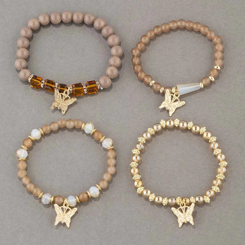Ensemble de bracelets en perles papillon pour femmes, 4 pièces, tendance, perles acryliques roses, chaîne élastique, bohème, bijoux de fête, cadeau