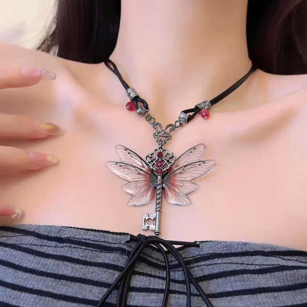 Collier libellule pendentif clé, chaîne en cuir, corde ras du cou, Hip Hop, Zircon, bijoux, accessoires d'halloween