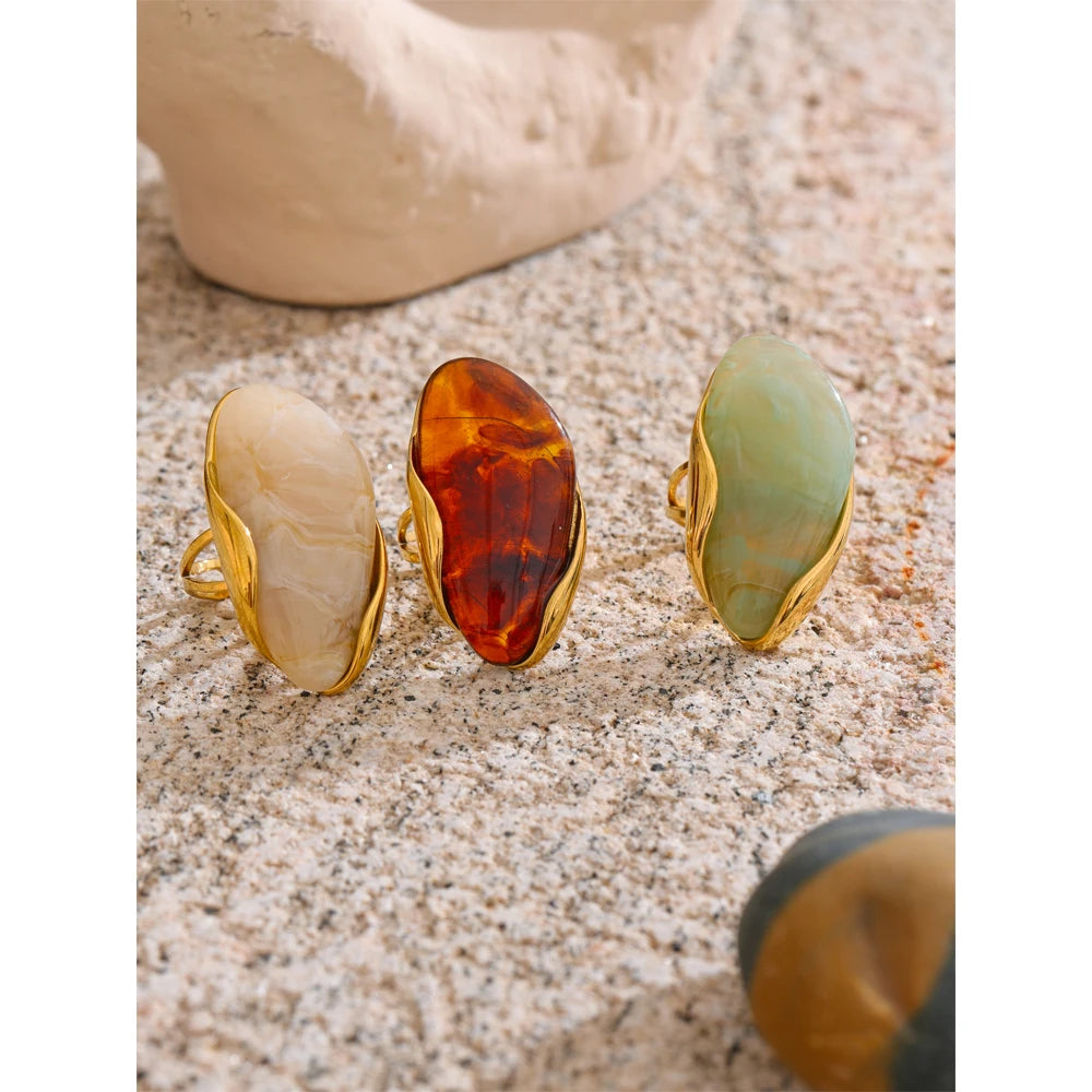 Yhpup nouveau Design marron vert Beige résine géométrique réglable anneau doré PVD acier inoxydable antirouille doigt bijoux cadeau