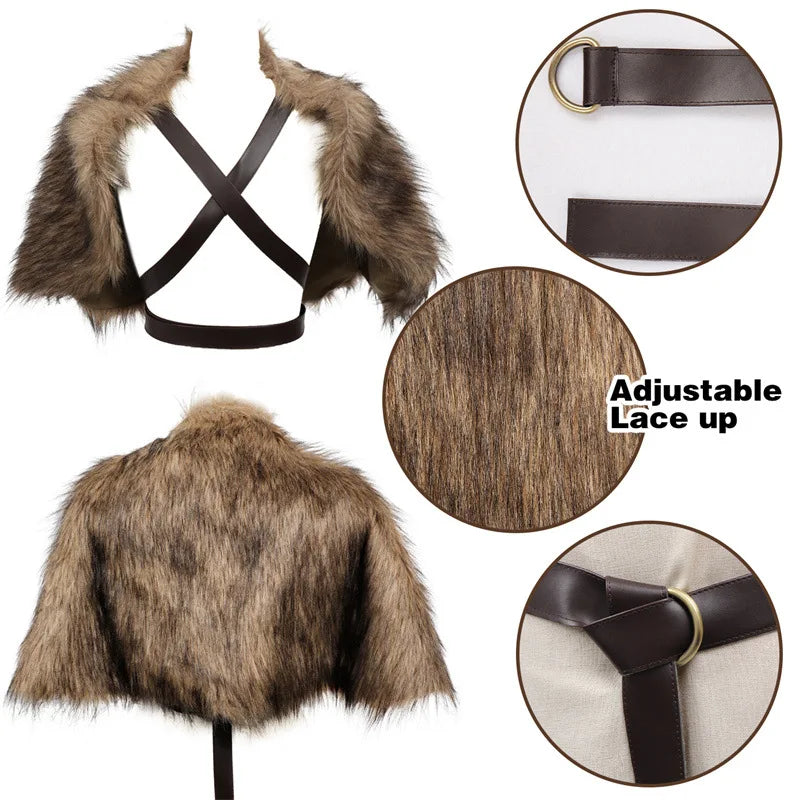 Cape à col en fourrure, vêtements d'hiver médiévaux, roi guerrier Viking, châle en fourrure avec sangle de poitrine, Cape en fausse fourrure, Costume de Cosplay d'halloween