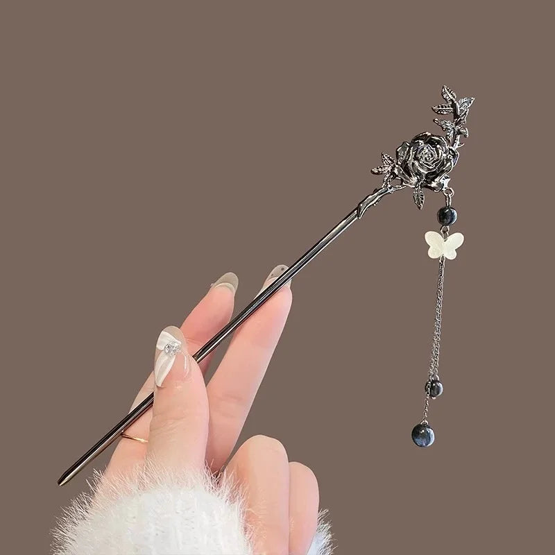 Épingle à cheveux à franges en métal pour femmes, anciers de cheveux moderne, fleur d'encre, pompon, fourcommuniste, perles noires, fermoir à cheveux, nouveaux bijoux de cheveux chinois Hanfu