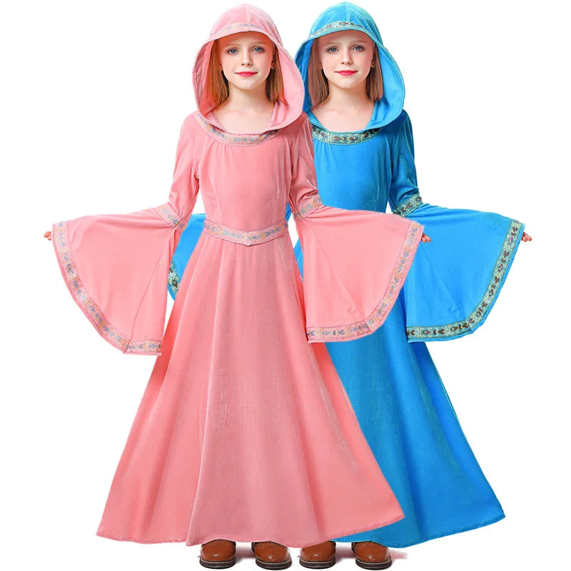 Robe Punk Vintage Médiévale pour Femme et Fille, Manches sulf, Col Carré, Capuche, Longueur au Sol, Renaissance, Gothique, Cosplay, Halloween