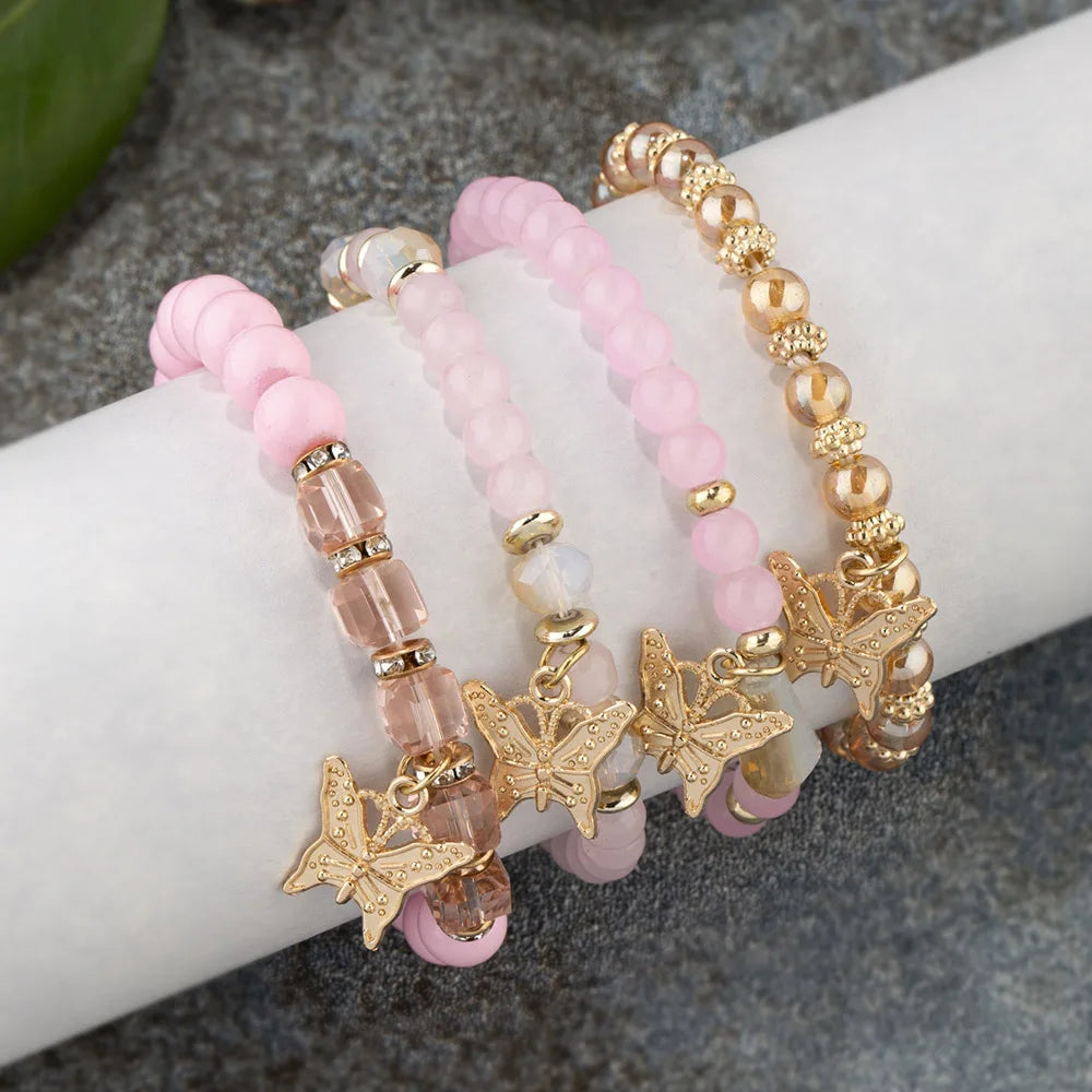 Ensemble de bracelets en perles papillon pour femmes, 4 pièces, tendance, perles acryliques roses, chaîne élastique, bohème, bijoux de fête, cadeau