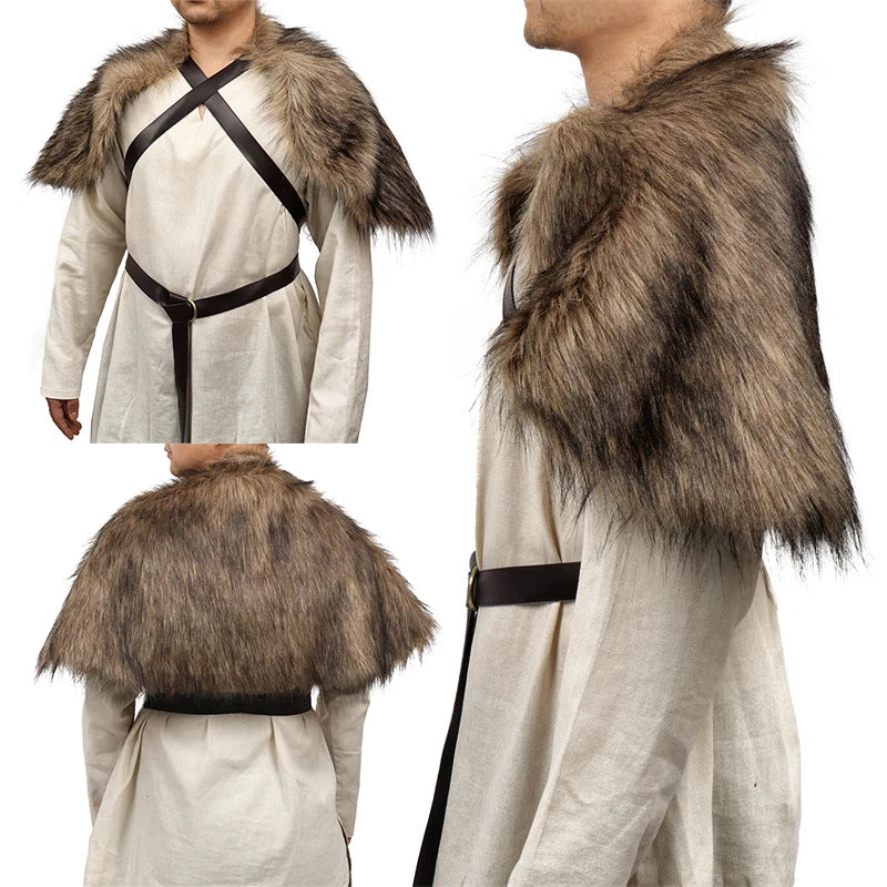 Cape à col en fourrure, vêtements d'hiver médiévaux, roi guerrier Viking, châle en fourrure avec sangle de poitrine, Cape en fausse fourrure, Costume de Cosplay d'halloween