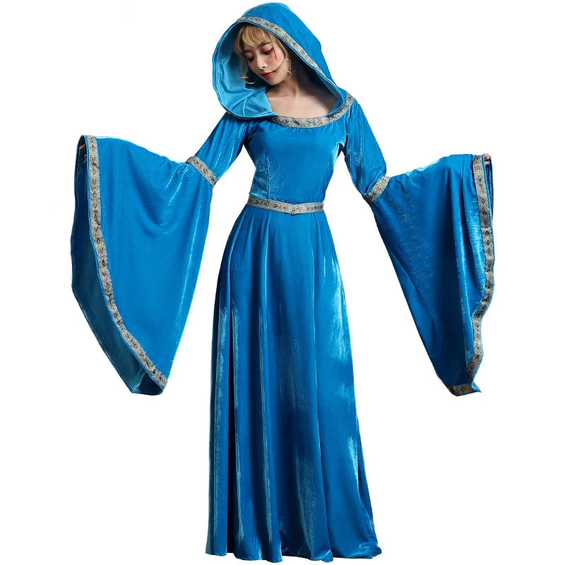 Robe Punk Vintage Médiévale pour Femme et Fille, Manches sulf, Col Carré, Capuche, Longueur au Sol, Renaissance, Gothique, Cosplay, Halloween