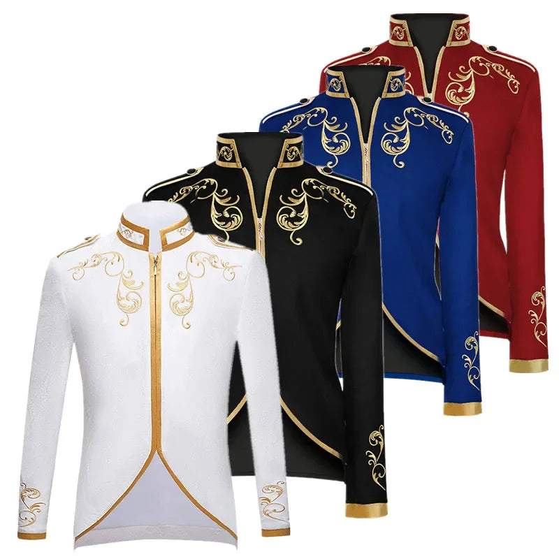 Costume à fleurs brodées pour hommes, Style britannique, blanc/bleu/rouge, manteau de fête de danse de mariage, robe de spectacle sur scène de chanteur, Blazer