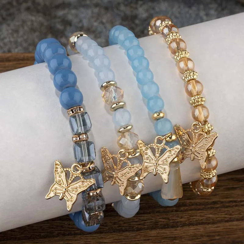 Ensemble de bracelets en perles papillon pour femmes, 4 pièces, tendance, perles acryliques roses, chaîne élastique, bohème, bijoux de fête, cadeau