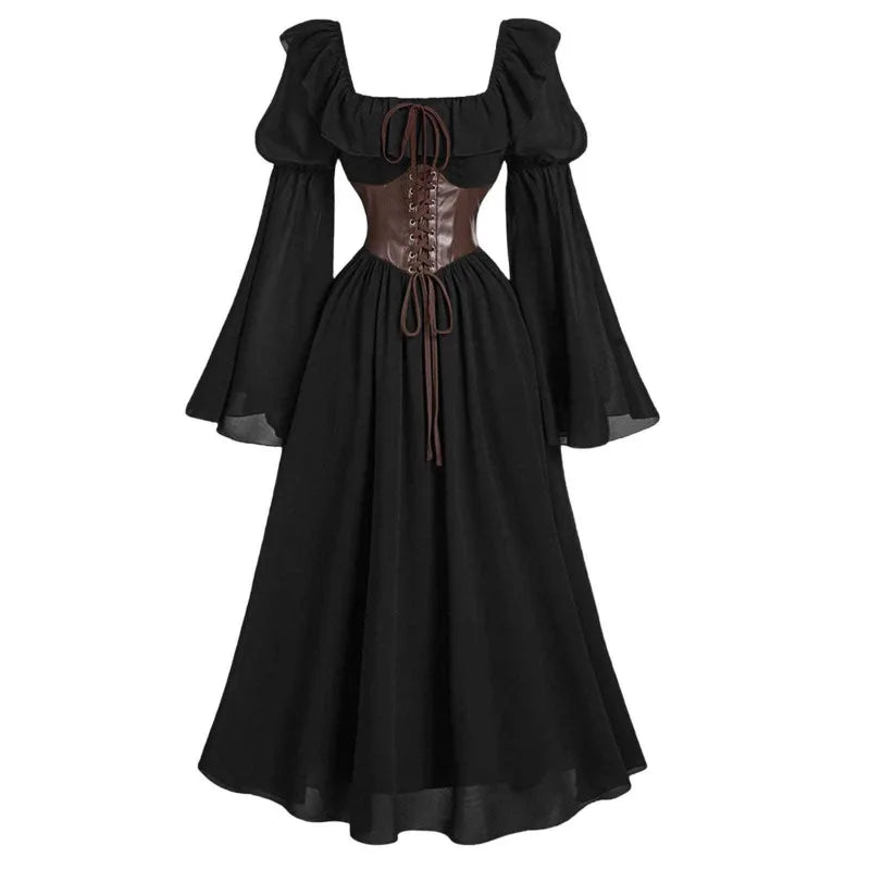 Robe longue Vintage pour femmes, style médiéval, européen et américain, Halloween, manches en corne, taille, col carré, manches chauve-souris, nouvelle collection