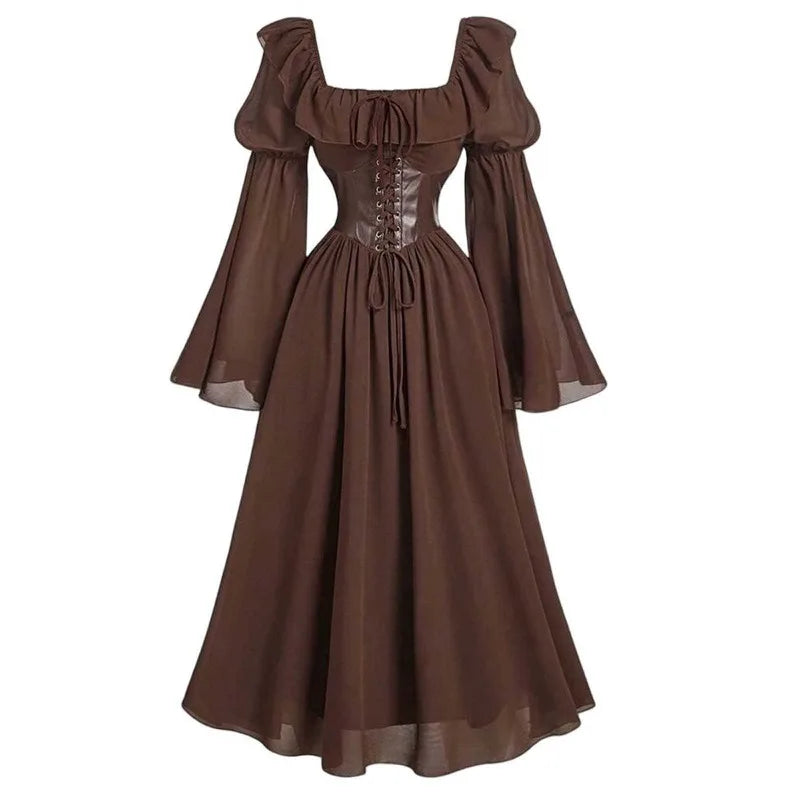 Robe longue Vintage pour femmes, style médiéval, européen et américain, Halloween, manches en corne, taille, col carré, manches chauve-souris, nouvelle collection