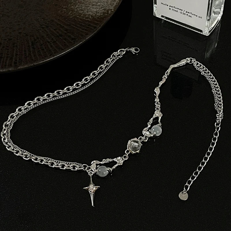 Kpop – collier étoile brillante pour femmes, pendentif croix en cristal Zircon Y2K, chaîne de clavicule couleur argent Antique pour filles