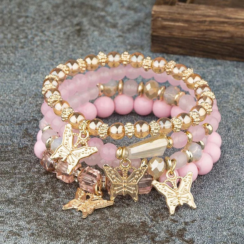 Ensemble de bracelets en perles papillon pour femmes, 4 pièces, tendance, perles acryliques roses, chaîne élastique, bohème, bijoux de fête, cadeau