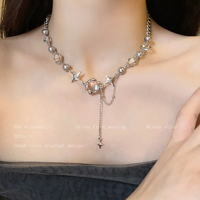 Kpop – collier étoile brillante pour femmes, pendentif croix en cristal Zircon Y2K, chaîne de clavicule couleur argent Antique pour filles