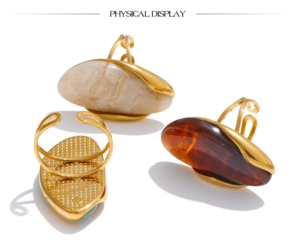 Yhpup nouveau Design marron vert Beige résine géométrique réglable anneau doré PVD acier inoxydable antirouille doigt bijoux cadeau