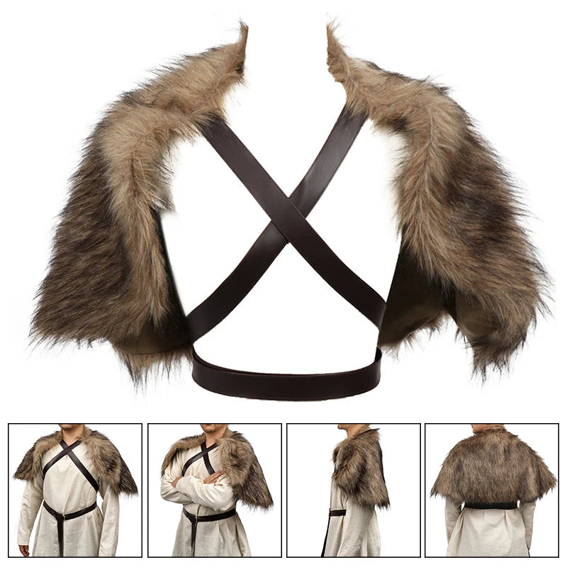 Cape à col en fourrure, vêtements d'hiver médiévaux, roi guerrier Viking, châle en fourrure avec sangle de poitrine, Cape en fausse fourrure, Costume de Cosplay d'halloween