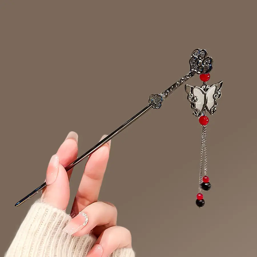 Épingle à cheveux à franges en métal pour femmes, anciers de cheveux moderne, fleur d'encre, pompon, fourcommuniste, perles noires, fermoir à cheveux, nouveaux bijoux de cheveux chinois Hanfu