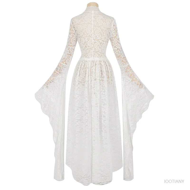 Cardigan gothique en dentelle unie pour femmes, blanc, Vintage, manches trompette, médiéval, Cosplay pour adultes, manteau élégant à longue queue, robe de bal victorienne
