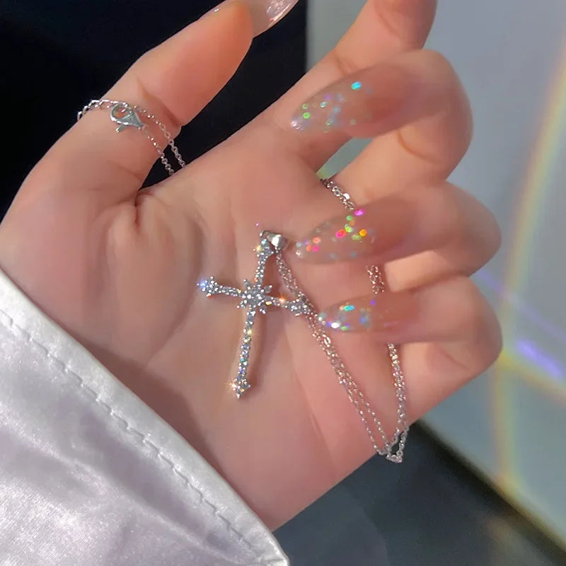 Kpop – collier étoile brillante pour femmes, pendentif croix en cristal Zircon Y2K, chaîne de clavicule couleur argent Antique pour filles